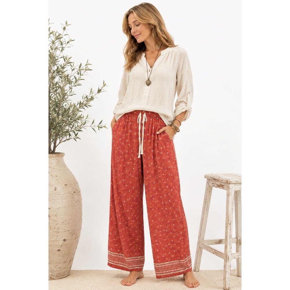 Coldwater‎ Creek Womens M Boho Rayon Drawstring Orange Floral Wide Lounge Beach